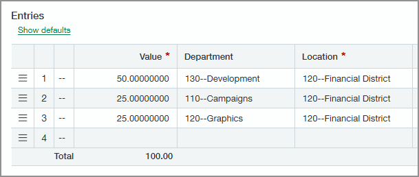 Entries section on the Transaction allocation information page. The allocation split is 50% to the Development department, 25% to the Campaigns department, and 25% to the Graphics department.