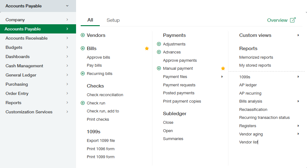 Accounts Payable menu with Bill analysis highlighted.