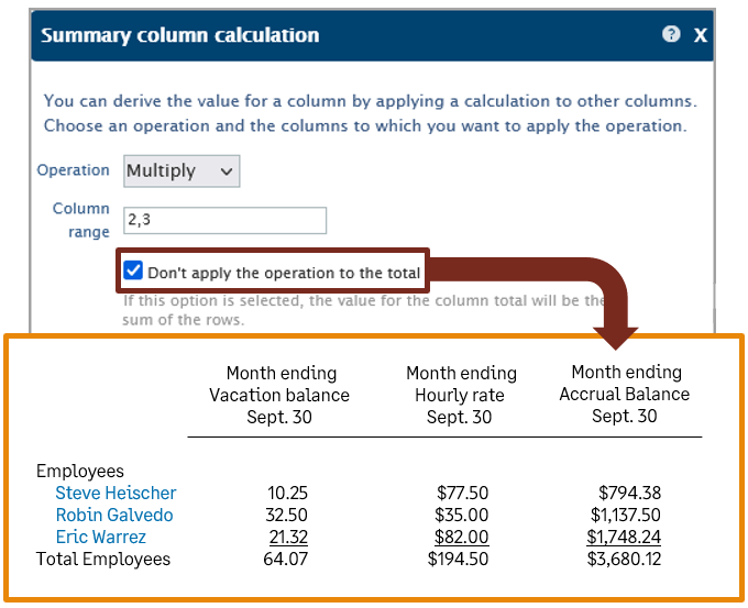 Report with operation not applied to the total.