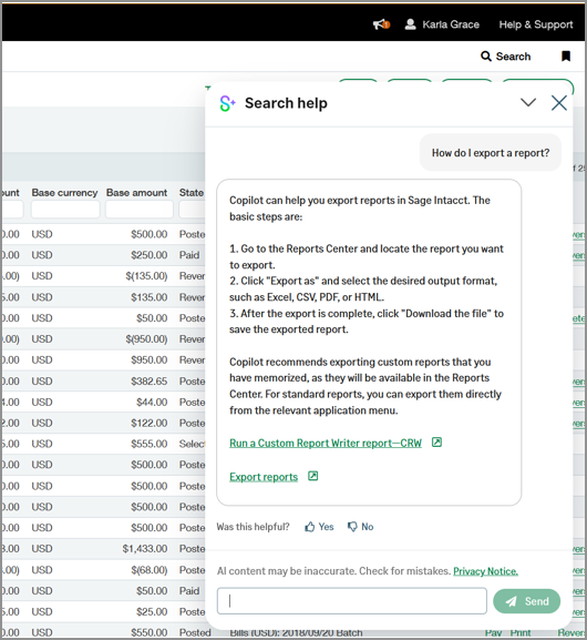 Shows an example of a help query and AI-generated response.