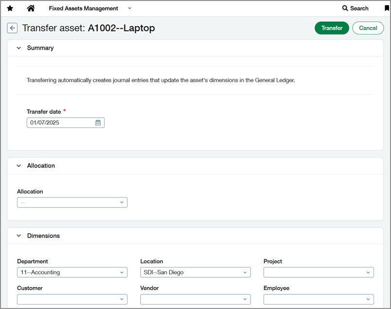 The transfer asset page.