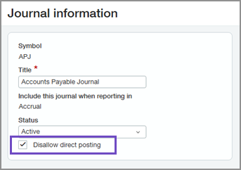 Journal information page with Disallow direct posting checkbox selected. 