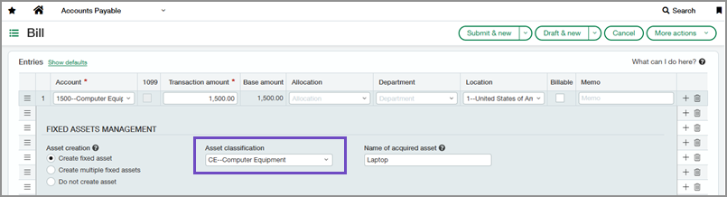 Bill line showing the new Asset classification dropdown